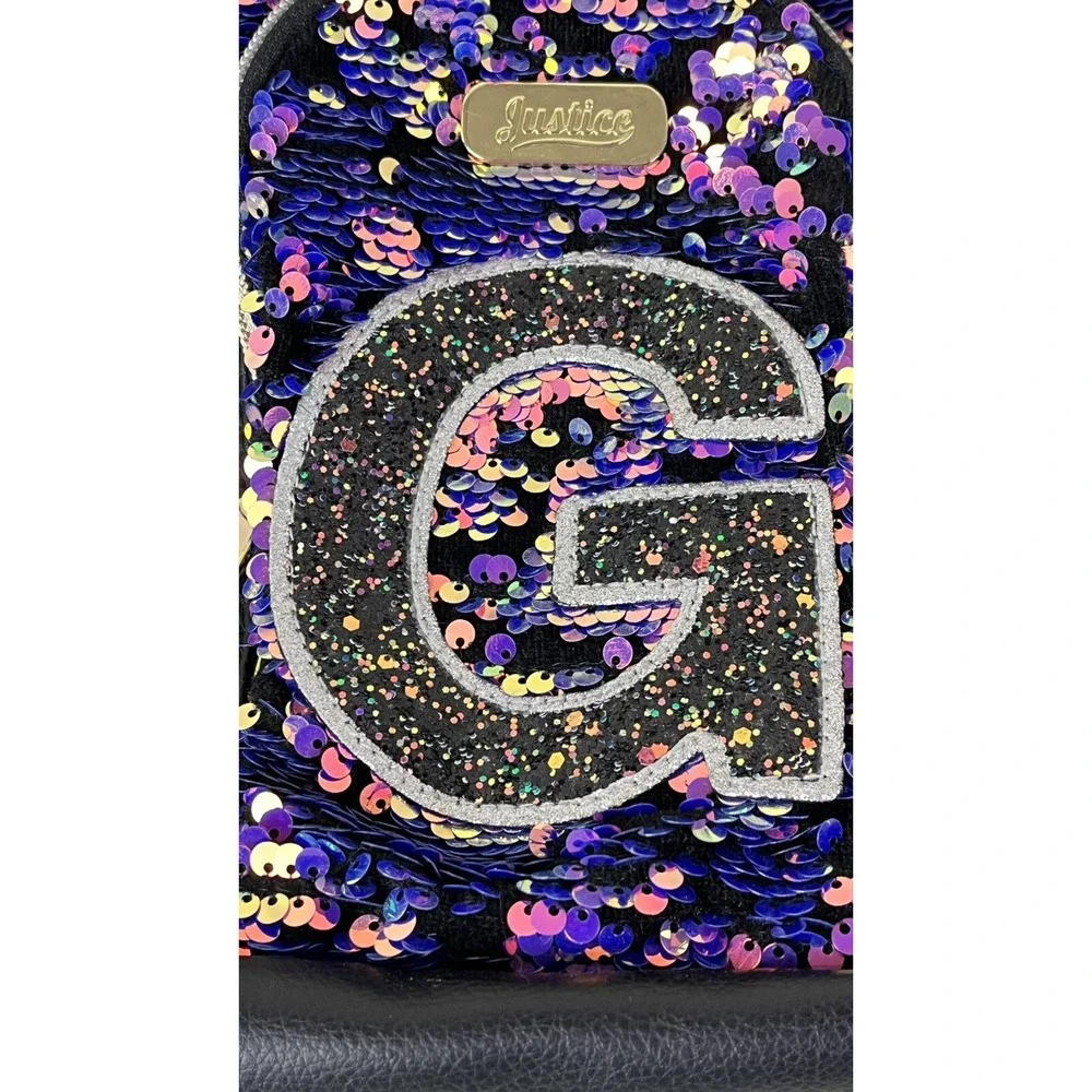 JUSTICE Backpack Purse Monogram Letter G Flip Sequins Multi-color Purple Gold